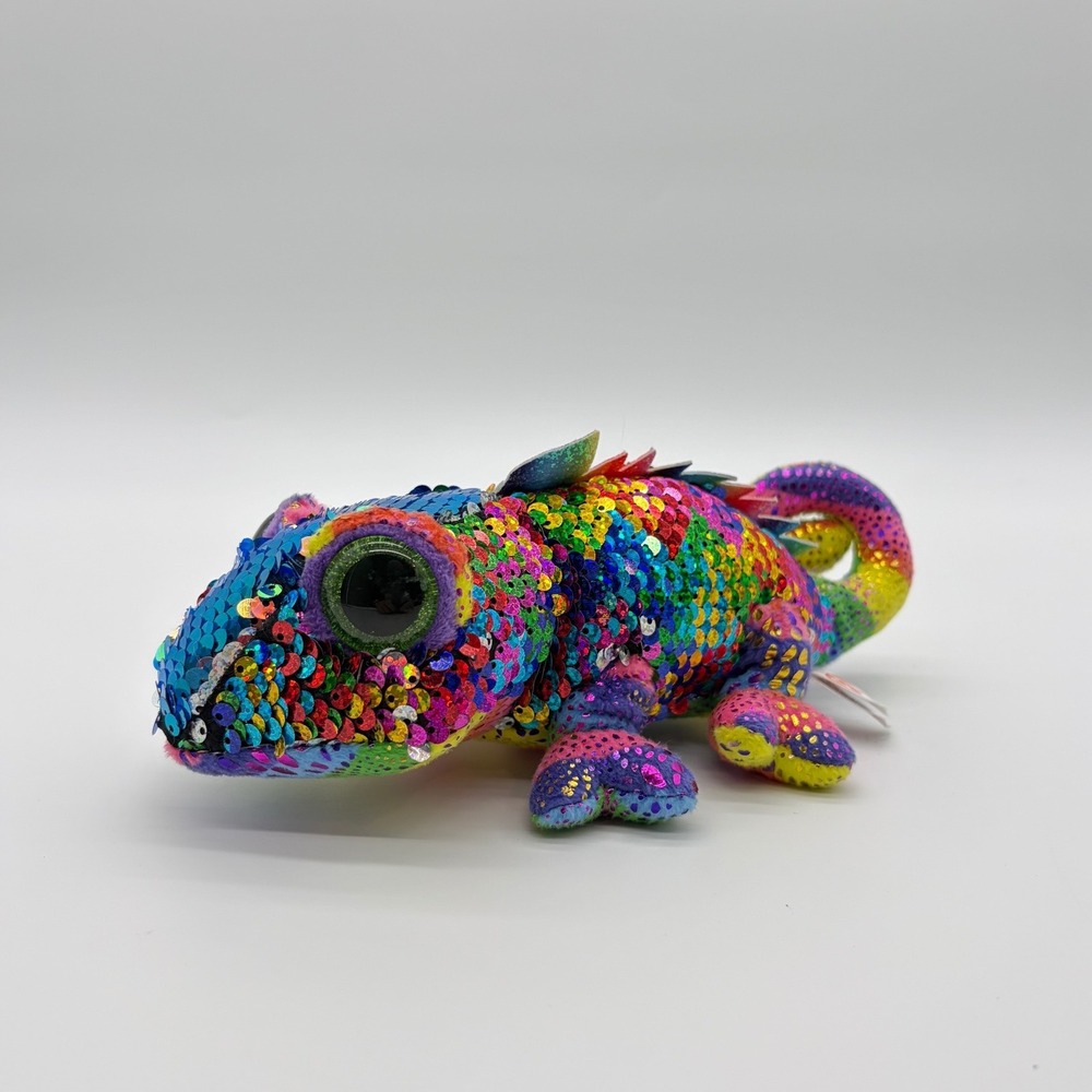 Ty Beanie Babies Karma The Chameleon Flippables Plush Toy Rainbow‎ Sequin Eyes